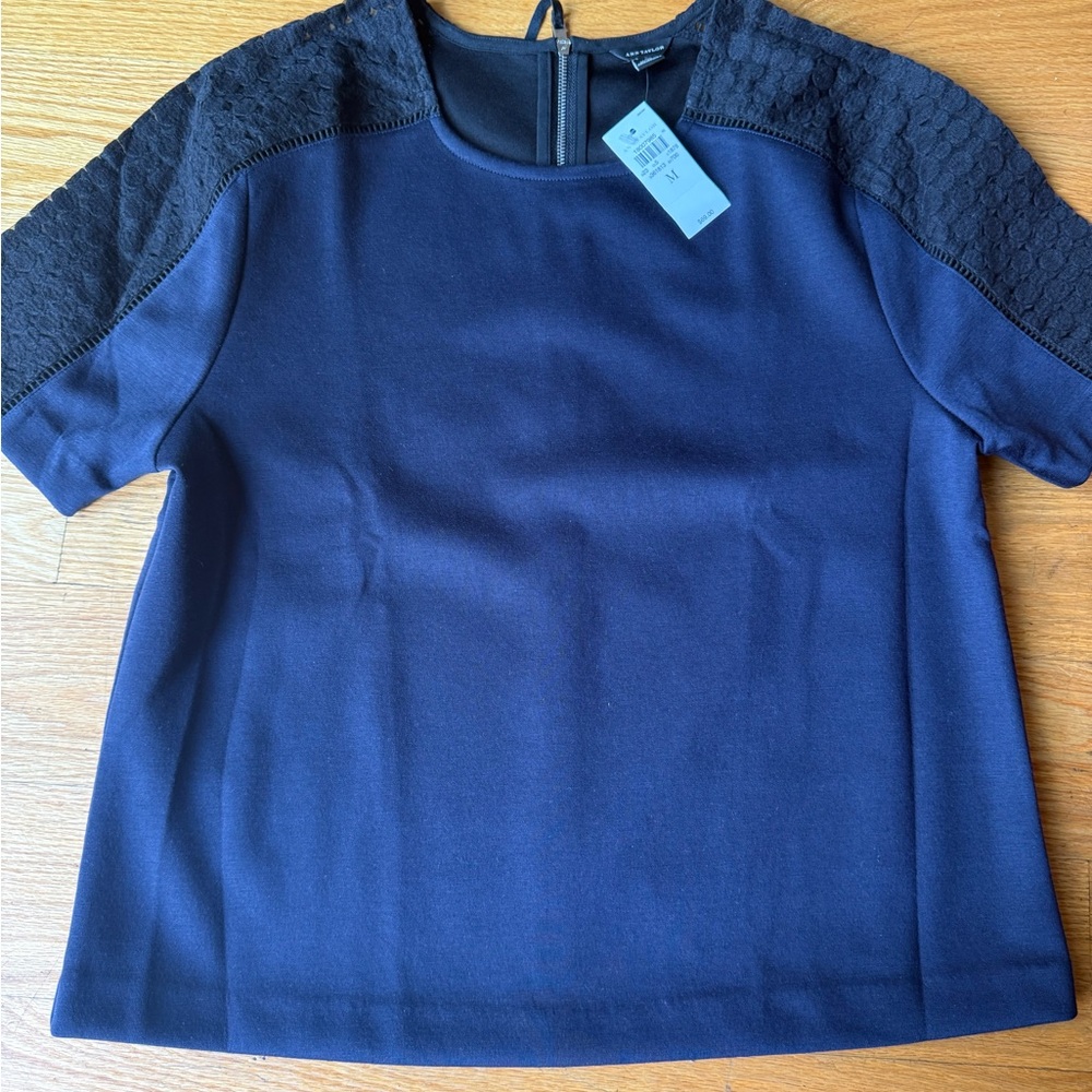 Ann Taylor Navy Blouse with Lace Shoulders